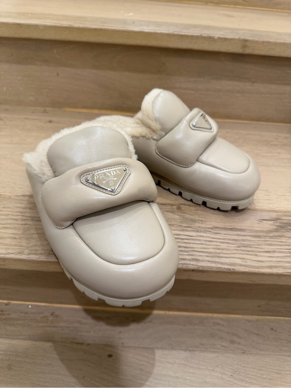 Prada Kids Cream Shearling-Lined Slip-On Clogs with Logo